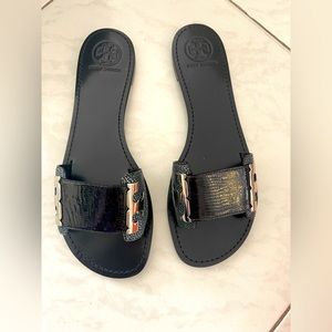 Brand new (in box) Tory Burch Sandals. Black with smoke grey. Size 9.5